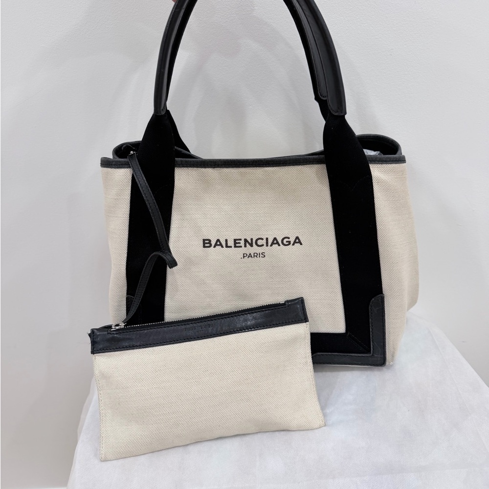 Balenciaga Cream and Black Canvas Tote with Pouch